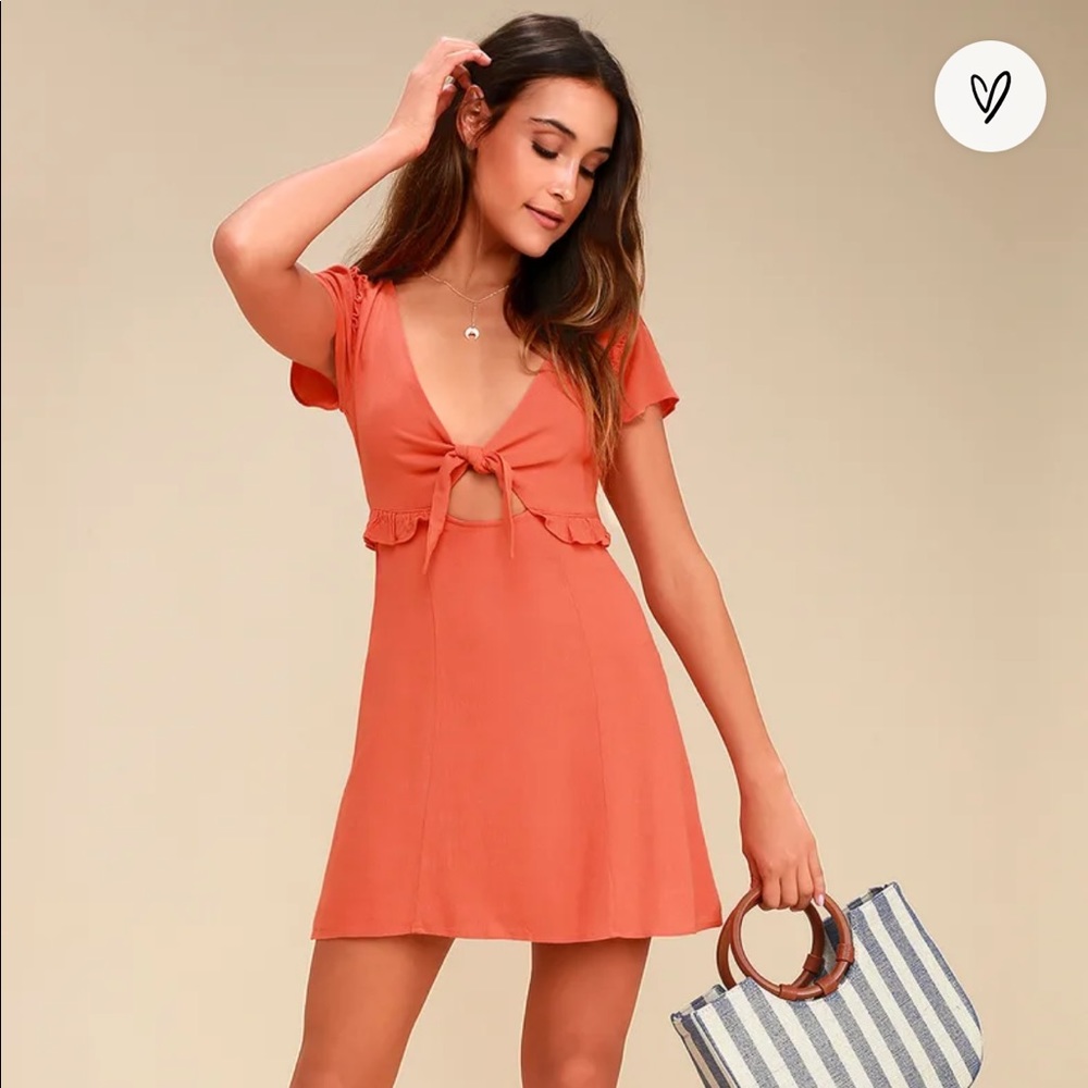 Lulus Seaport Coral Orange Tie-Front Dress - Picture 1 of 6